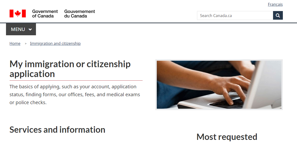 Giao diện của website lãnh sự quán Canada khi xin Visa Canada.